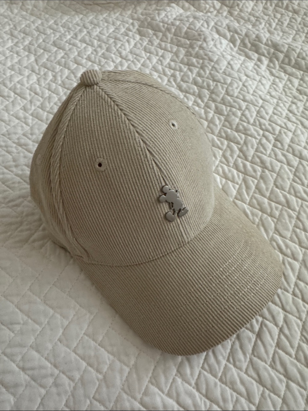 Beige Corduroy Baseball Cap with Mickey Accent